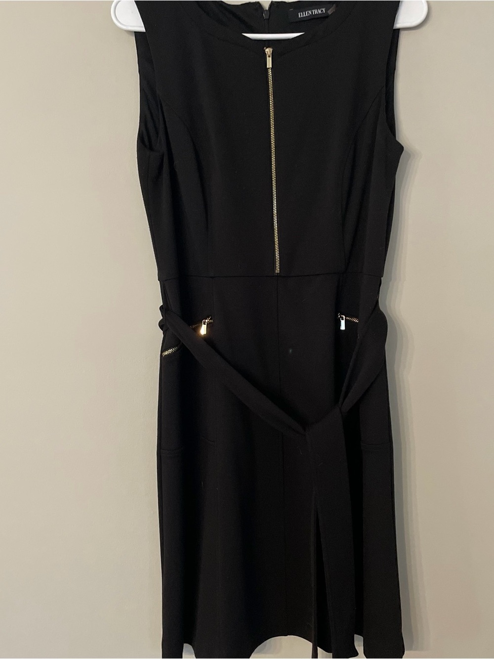 Ellen Tracy Black Sleeveless Sheath Dress with Gold Zip